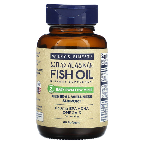 Дикий аляскинский рыбий жир, Мини капсулы - 630 мг EPA + DHA - 60 капсул - Wiley's Finest Wiley's Finest
