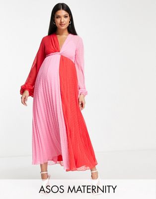 Платье миди ASOS Maternity с текстурированной тканью и плиссировкой, красно-розового цвета ASOS Maternity