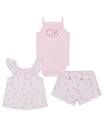 Боди в рубчик для маленьких девочек, майка из джерси с цветочным принтом и шорты, комплект из 3 предметов Calvin Klein