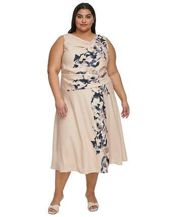 Платье миди с каскадным цветочным принтом больших размеров и воротником-хомутом DKNY