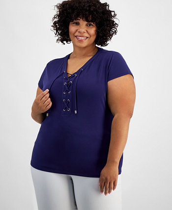 Plus Size Lace-Up-Neck Short-Sleeve Top, Created for Macy's I.N.C. International Concepts