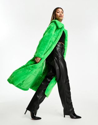 Ярко-зеленое пальто миди с запахом из искусственного меха Jayley Jayley