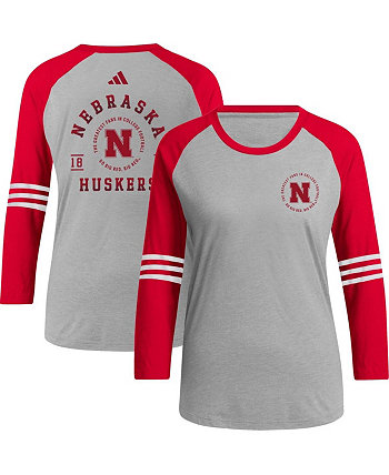 Женская серая футболка Nebraska Huskers Baseball Raglan с рукавами 3/4 Adidas