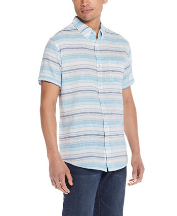 Men's Short Sleeve Stripe Linen Cotton Shirt Weatherproof Vintage