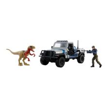 Разбиваемый грузовик Mattel Jurassic World с фигурками динозавра атроцираптора и человека Mattel