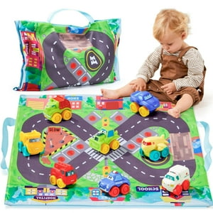 SYNCFUN Car Toy for Toddlers 1 2 3 Years Old, 8 Pcs Rubber Cartoon Cars with Playmat Storage Bag, Mini Baby Bath Toy Car, Birthday Gift for Kids Boys SYNCFUN