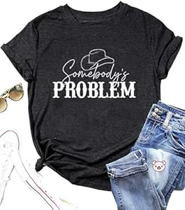 Country Music Shirts for Women Somebody's Problem Letter Print T-Shirts Cute Western Cowgirl Hat Graphic Tee Colorful Bling