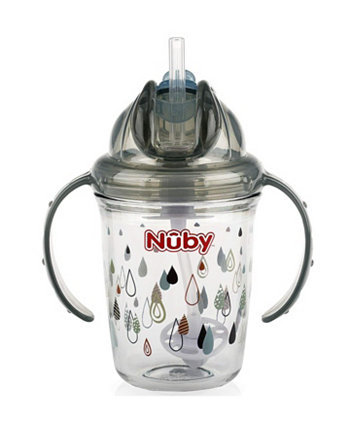 Tritan No Spill Flip N' Sip Twin Handle Printed Cup with 360 Weighted Straw Gray Raindrop NUBY