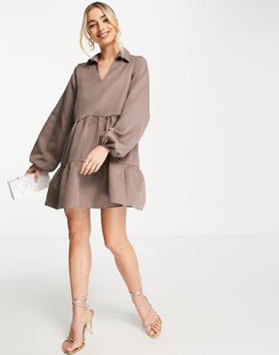 In The Style x Perrie Sian satin tiered smock dress in khaki In The Style