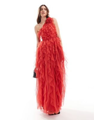 Anaya waterfall ruffle premium tulle maxi dress in red  Anaya