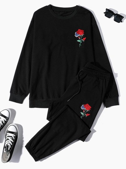 для мужчины Пуловер с вышивкой бабочки и розы & спортивные брюки на кулиске SHEIN