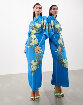Ярко-синее атласное платье миди с длинными рукавами, вышивкой и кулиской на спине ASOS EDITION ASOS EDITION