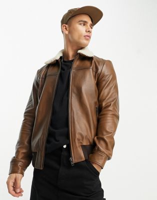 Muubaa vintage finish leather bomber jacket with faux shearling collar in antique with natural shearling Muubaa