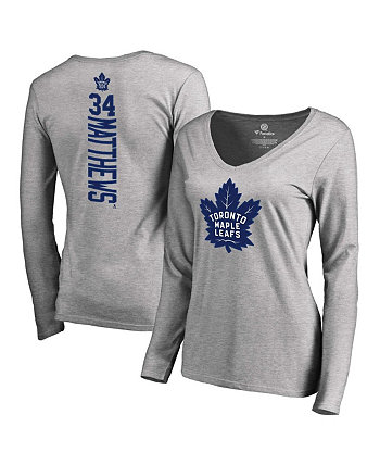 Женская фирменная футболка Auston Matthews Grey Toronto Maple Leafs Backer с именем и номером и v-образным вырезом с длинным рукавом Fanatics