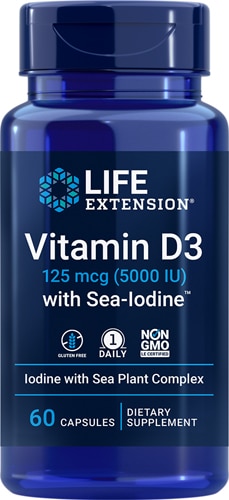 Витамин D3 с морским йодом - 5000МЕ - 60 капсул - Life Extension Life Extension
