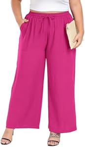 Women's Plus Size Wide Leg Pants Summer Stretchy Drawstring Waist Comfortable Fit Casual Trousers Pants with Pockets Lastshe