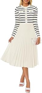 ZESICA Womens Long Sleeve Striped Midi Dresses Crewneck Button Ribbed Knit Pleated A Line Swing Sweater Dress Zesica