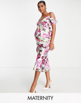 Hope & Ivy Maternity Kerry off shoulder printed dress in pink Hope & Ivy Maternity