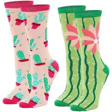 2 Pairs Novelty Cactus Crew Cotton Socks For Women And Men, One Size, 2 Designs Zodaca
