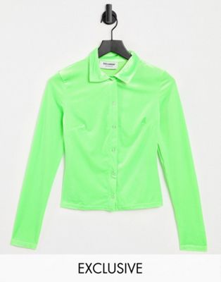 Приталенная бархатная рубашка COLLUSION 90-х неоново-зеленого цвета — часть комплекта Collusion