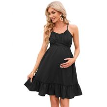 Women's Ruched Cami Maternity Dress Ruffle Summer Casual Spaghetti Strap Mini Dress With Belt MISSKY