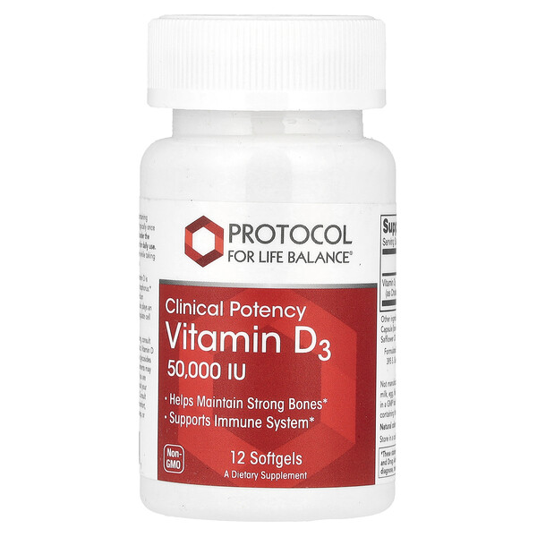 Витамин D3, Клиническая Потенция, 50,000 МЕ, 12 желеобразных капсул - Protocol for Life Balance Protocol for Life Balance