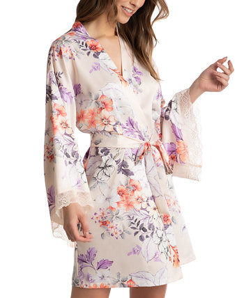 Атласный халат с цветочным принтом и кружевной отделкой Linea Donatella