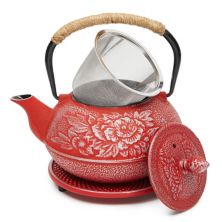 Cast Iron Teapot With Infuser, Japanese Tea Kettle (red, 3 Pcs, 27 Oz, 800 Ml) Juvale