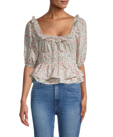 Floral Short Puff-Sleeve Smocked Top Lush