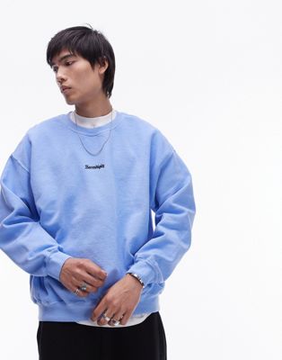 Topman oversized fit sweatshirt with serendipity embroidery in light blue TOPMAN