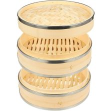 10 Inch Wood Steamer with Steel Rings for Cooking (10 x 6.7 x 10 In) Juvale