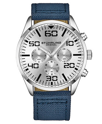 Мужские часы Chrono, темно-синяя ткань, с голубым ремешком, контрастной строчкой, 42 мм Stuhrling