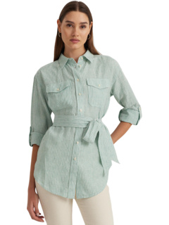 Льняная рубашка свободного кроя в полоску с поясом LAUREN Ralph Lauren