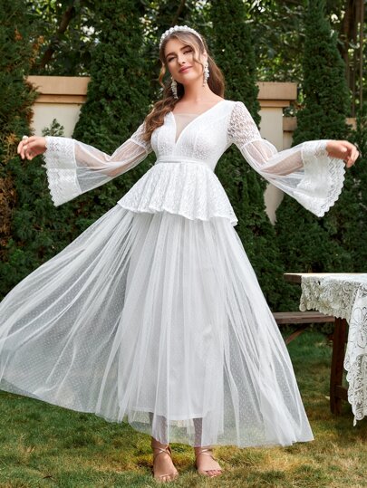 SHEIN Свадебное платье с рукавом "колокол" с кружевной отделкой с баской сетчатый SHEIN