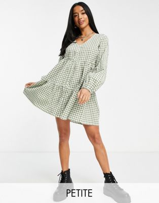 Influence Petite long sleeve mini gingham button dress in green Influence Petite