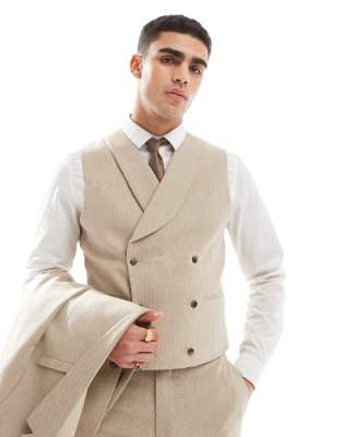 ASOS DESIGN skinny double breasted suit vest with wool in camel barley weave Asos Design