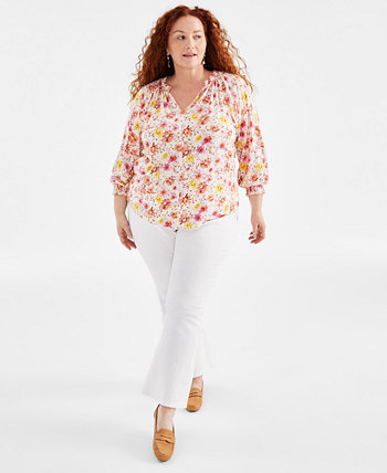 Plus Size Printed Gathered V-Neck Top, Created for Macy's Style & Co