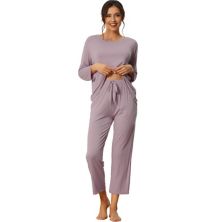 Womens Loose Soft Modal Pajama Sets Sleepwear Long Sleeve Shirt and Wide-leg Sleep Pants Cheibear
