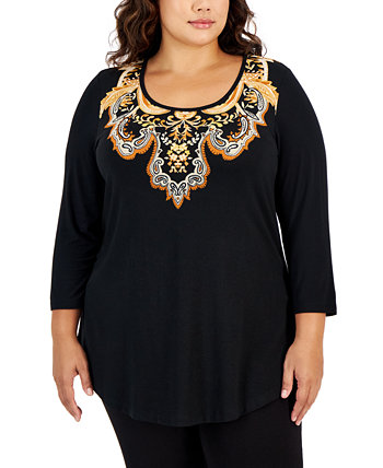 Plus Size Printed Medallion 3/4-Sleeve Top, Created for Macy's J&M Collection