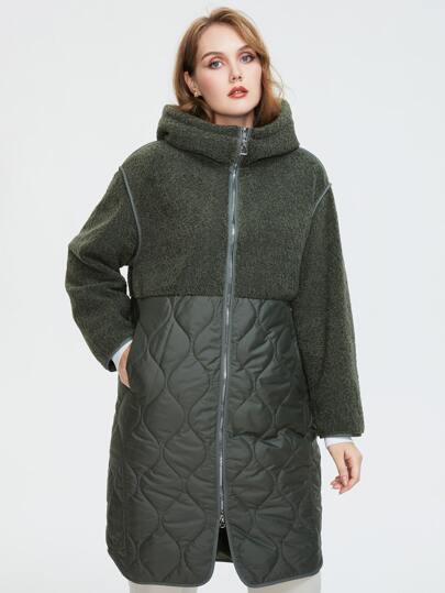 Зимнее пальто на молнии из плюша с капюшоном размера плюс SHEIN