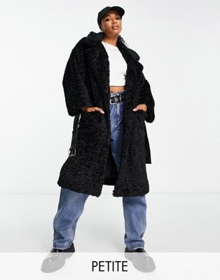 QED London Petite teddy longline coat with PU belt in black QED London Petite