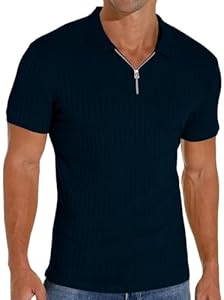 Mens V Neck Muscle Polo Shirts Slim Fit Short Sleeve Zipper Ribbed Polo T Shirt Stretch Golf Tees Vuiosrx