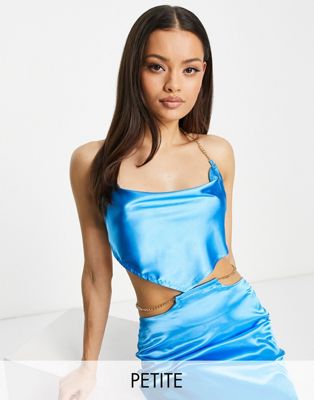 I Saw It First Petite satin crop top with chain cord in blue I Saw It First Petite