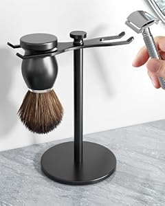 pickpiff Safety Razor Stand with Brush Holder, Marble Base with Black Metal Holder Heavy Duty, Extra Wide Openings, Fits Most Brushes and All Kinds Of Razors Pickpiff