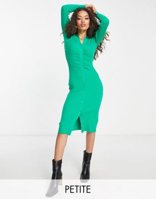 New Look Petite collared ruched button through ribbed midi dress in green New Look Petite