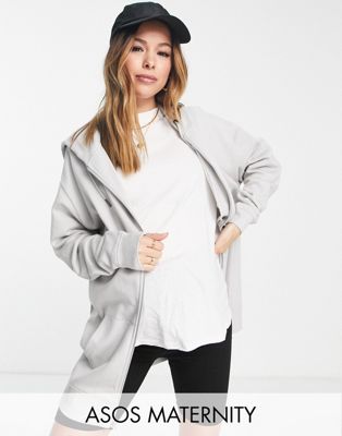 ASOS DESIGN Maternity oversized zip through hoodie in light gray Echo