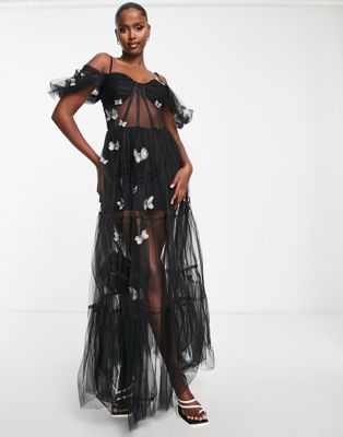 Lace & Beads exclusive sheer corset 3D butterfly print embroidered dress in black LACE & BEADS