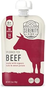 Serenity Kids 6+ Months Baby Food Puree Pouches - Ethically Sourced Grass Fed Beef & Organic Kale, Sweet Potato - 3.5 Oz BPA-Free - 6 Count Serenity Kids