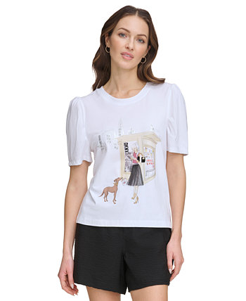 Women's Graphic-Print Puff-Sleeve T-Shirt DKNY
