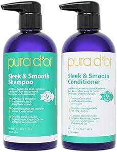 PURA D'OR Sleek & Smooth Shampoo and Conditioner Set For Frizz-Free & Silky Smooth Hair, Infused with Organic Aloe Vera, Argan Oil, Castor Oil, Bergamot Oil & Geranium Oil Pura D'Or